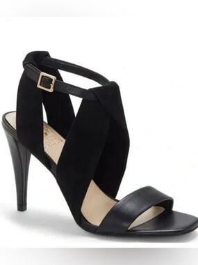 Vince Camuto black leather and suede strappy open-toe heels Women's Size 10